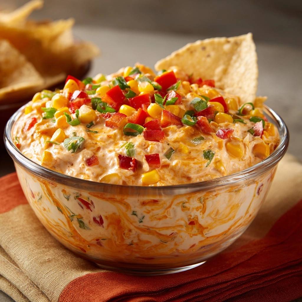 Cremiger Paprika-Mais-Dip mit Tortilla-Chip, Nahaufnahme des reichhaltigen und bunten Dips.