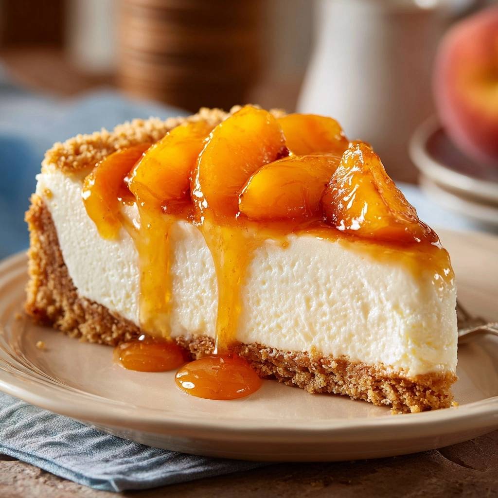 Cremiger Pfirsich-Cheesecake angeschnitten auf einem Teller mit geschmolzener Pfirsichglasur, die heruntertropft.