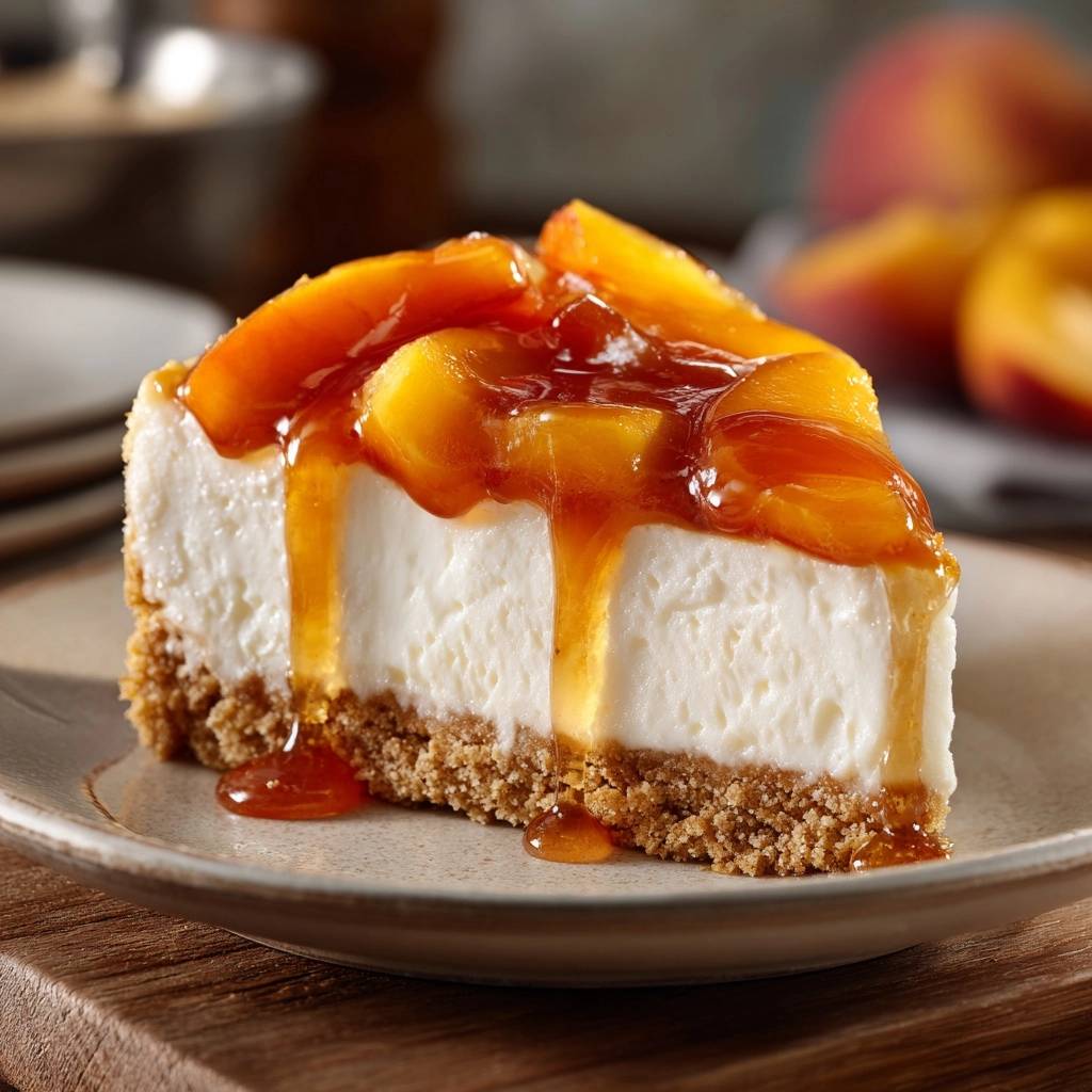 Cremiger Pfirsich-Cheesecake als angeschnittenes Stück mit Pfirsichscheiben und Sirup auf einem Teller.