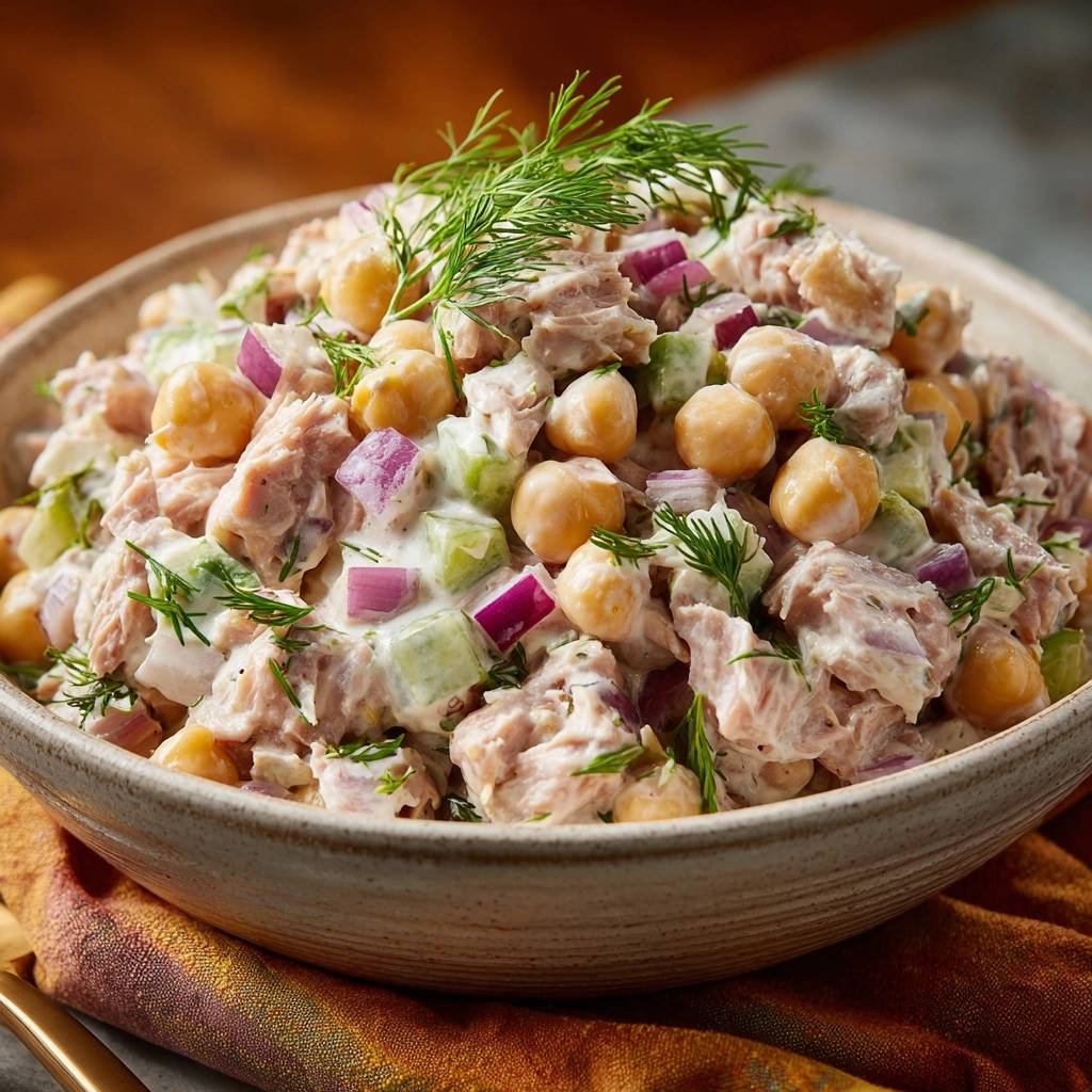 Cremiger Thunfisch-Kichererbsen-Salat mit Dillgarnitur, nahaufnahme der Textur und Zutaten.