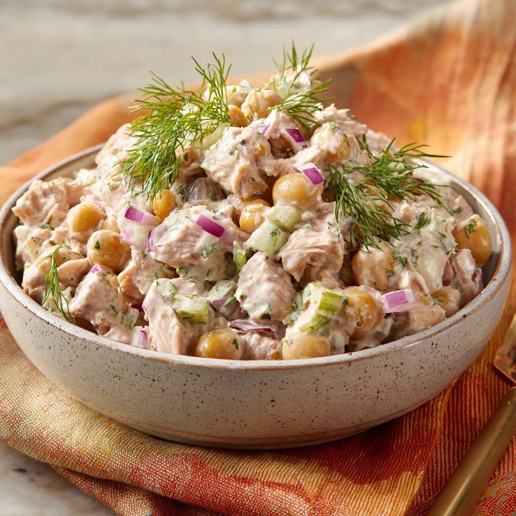Cremiger Thunfisch-Kichererbsen-Salat in einer Schüssel, garniert mit Dill und roten Zwiebeln, Nahaufnahme.