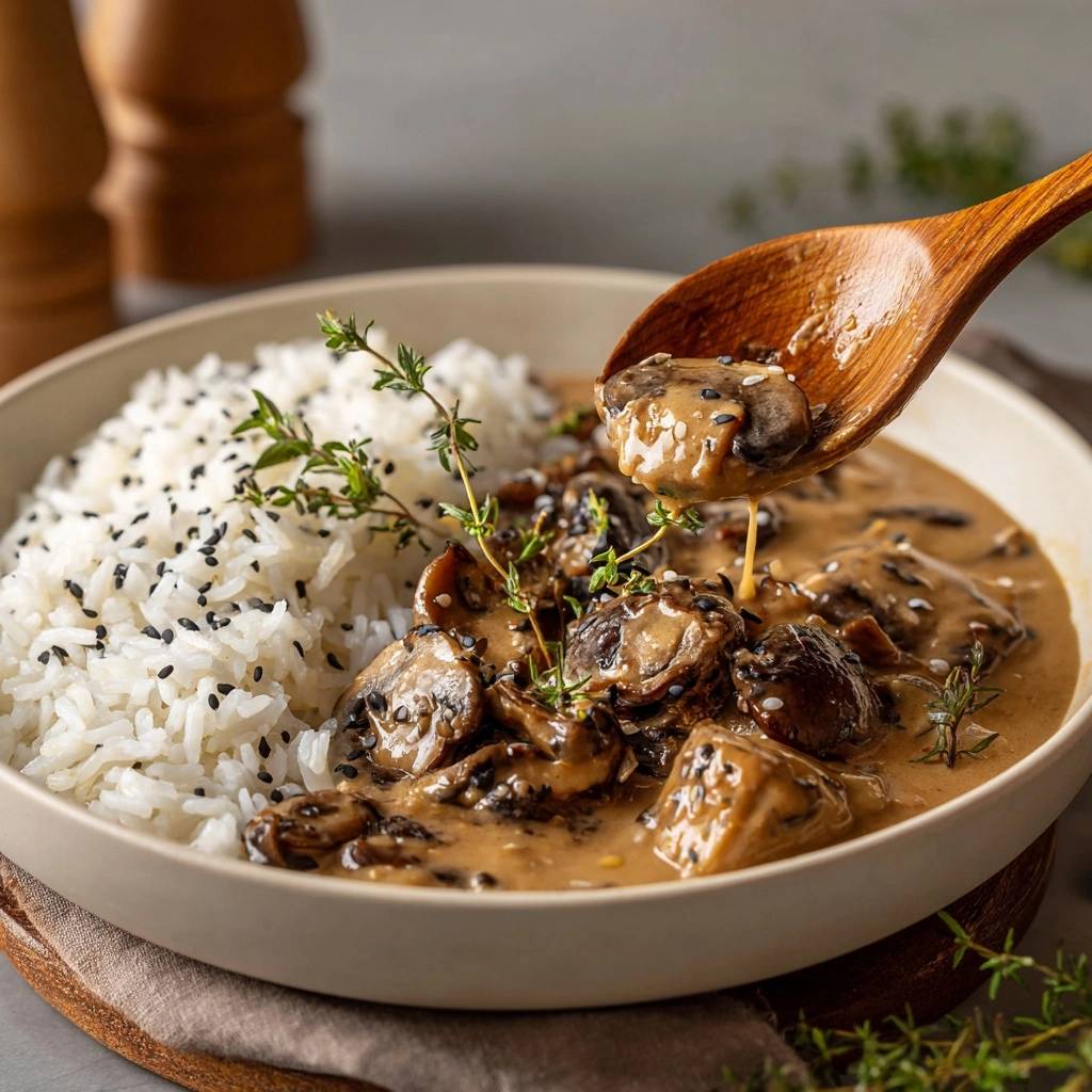 Cremiges Champignon-Ragout mit Thymianreis, mit einem Holzloeffel eine Portion herausgenommen, garniert mit schwarzem Sesam und Thymian.