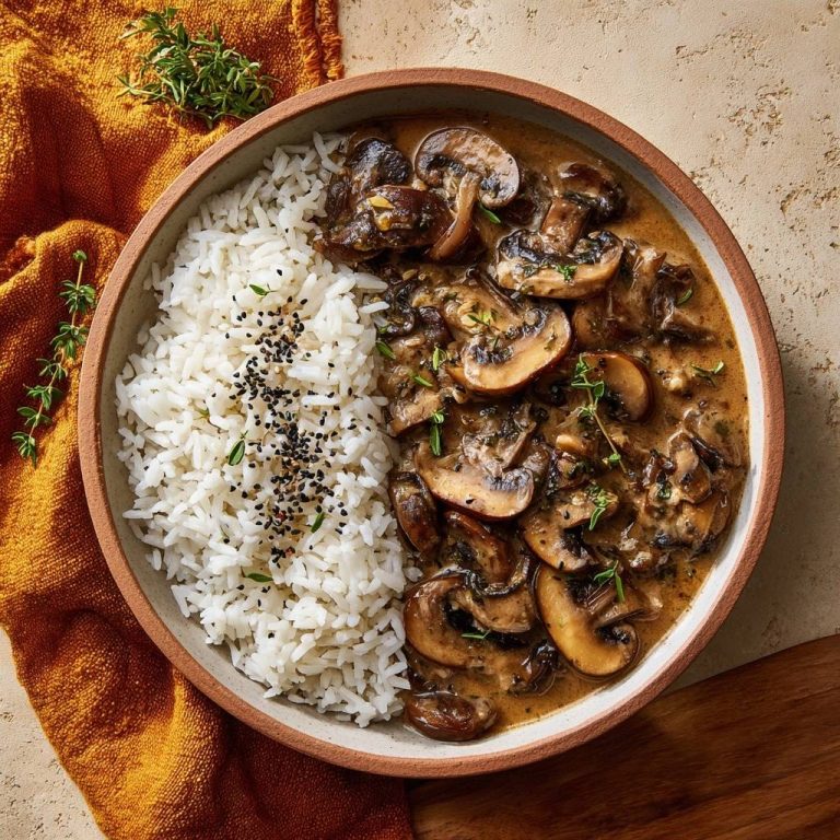 Cremiges Champignon-Thymian-Ragout mit Reis, serviert in einer Schüssel von oben betrachtet mit frischen Kräutern garniert.