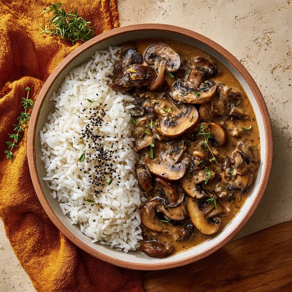 Cremiges Champignon-Thymian-Ragout mit Reis, serviert in einer Schüssel von oben betrachtet mit frischen Kräutern garniert.