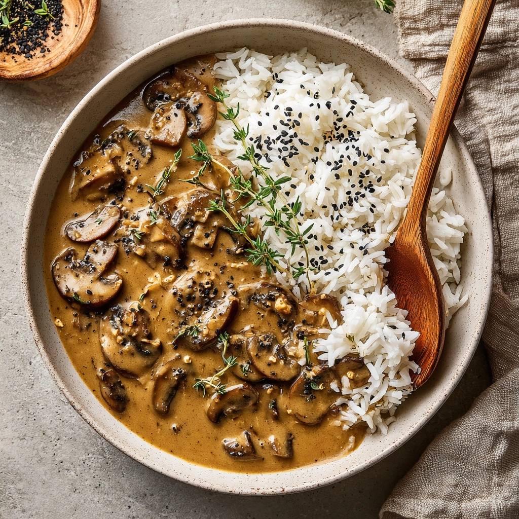 Cremiges Champignon-Ragout mit Thymianreis serviert in einer Schüssel mit einem Holzlöffel und schwarzem Sesam.