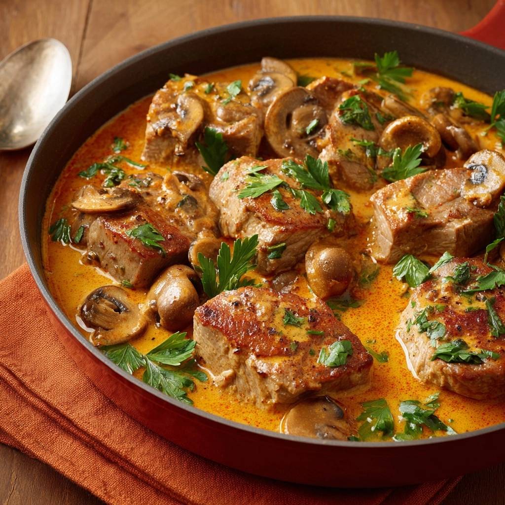 Cremiges Fleisch-Curry mit Champignons, serviert in einer roten Pfanne mit frischer Petersilie garniert.