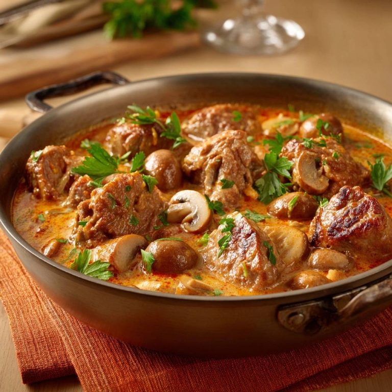 Cremiges Fleisch-Curry mit Champignons in einer Pfanne, garniert mit Petersilie, Nahaufnahme