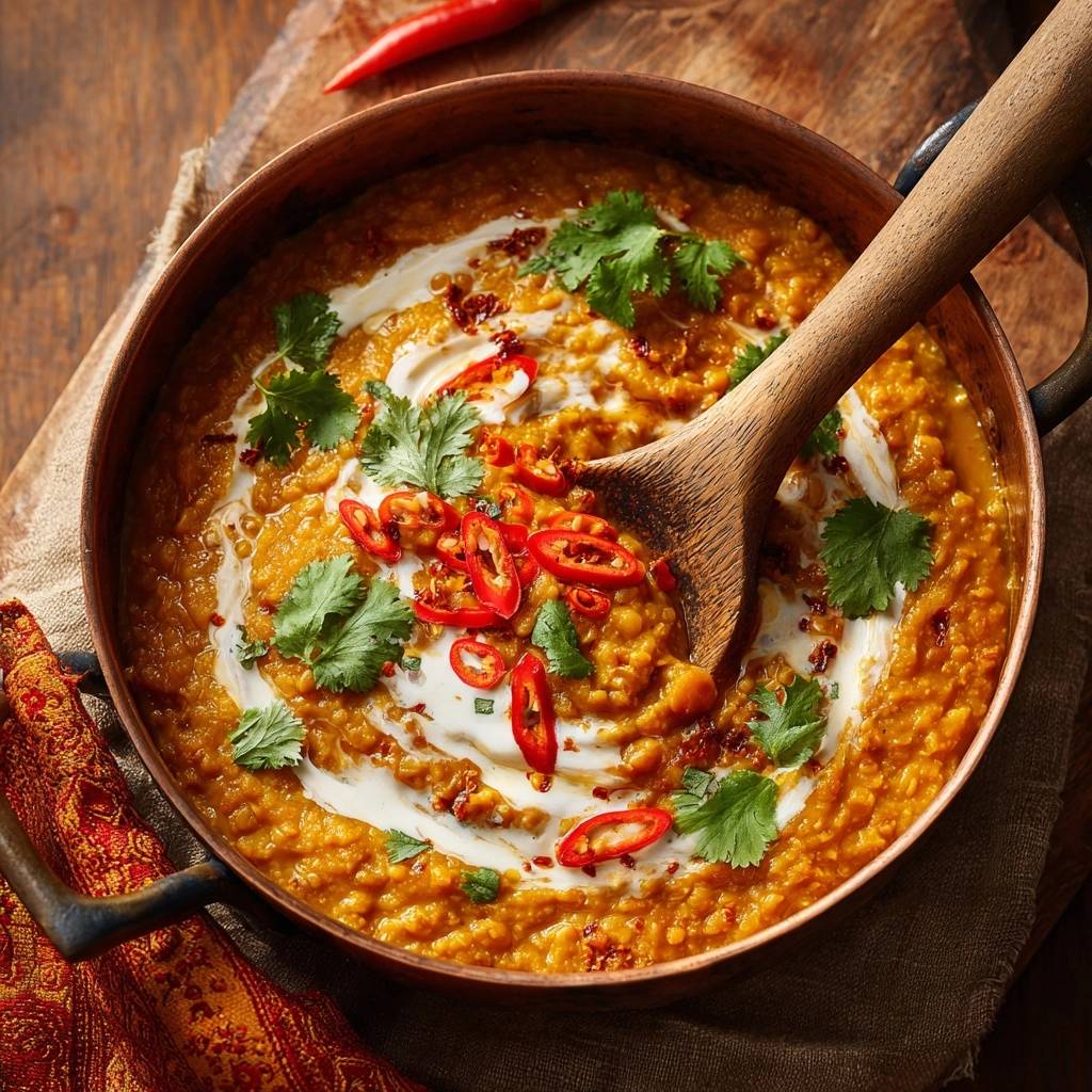 Cremiges indisches Dal mit Tadka, garniert mit frischen Chilis und Koriander, mit einem Holzlöffel in einem Kupfertopf.