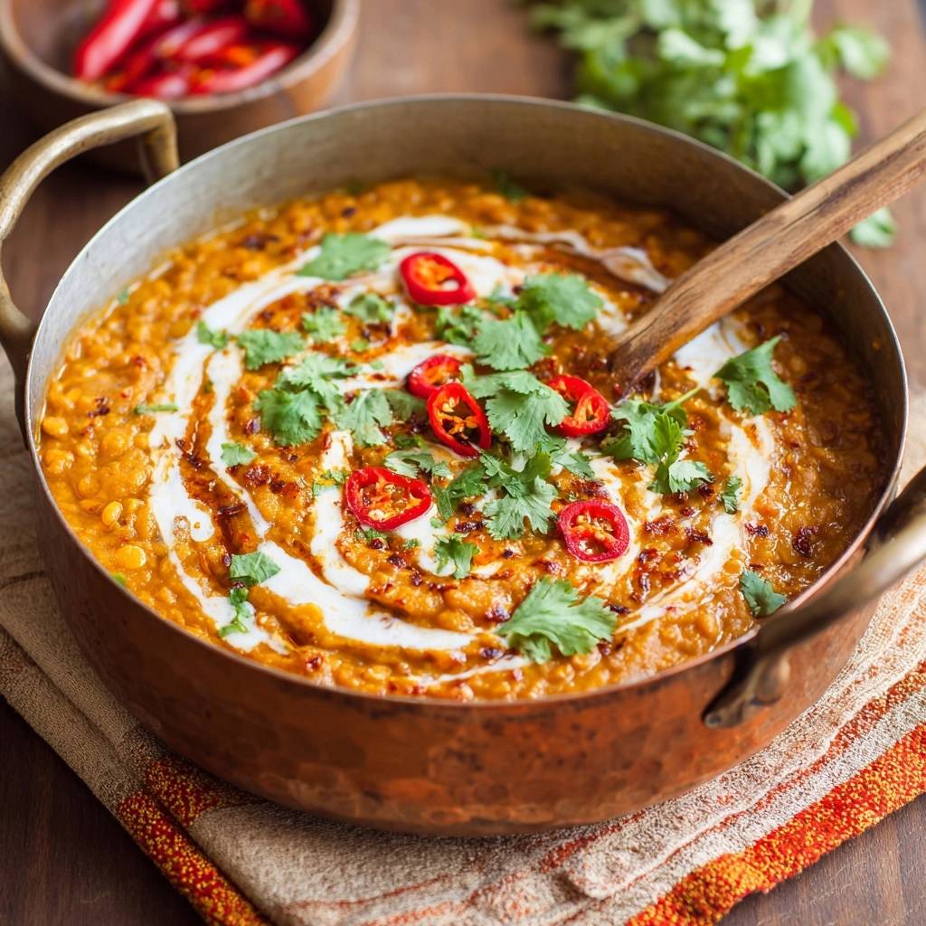 Cremiges indisches Dal mit Tadka, garniert mit frischen Chilis und Koriander in einer Kupferschüssel.