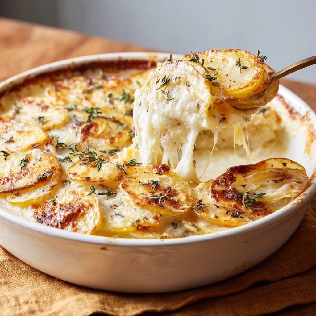 Cremiges Kartoffelgratin, wie ein Löffel mit geschmolzenem Käse Fäden zieht und Kartoffelscheiben enthüllt.