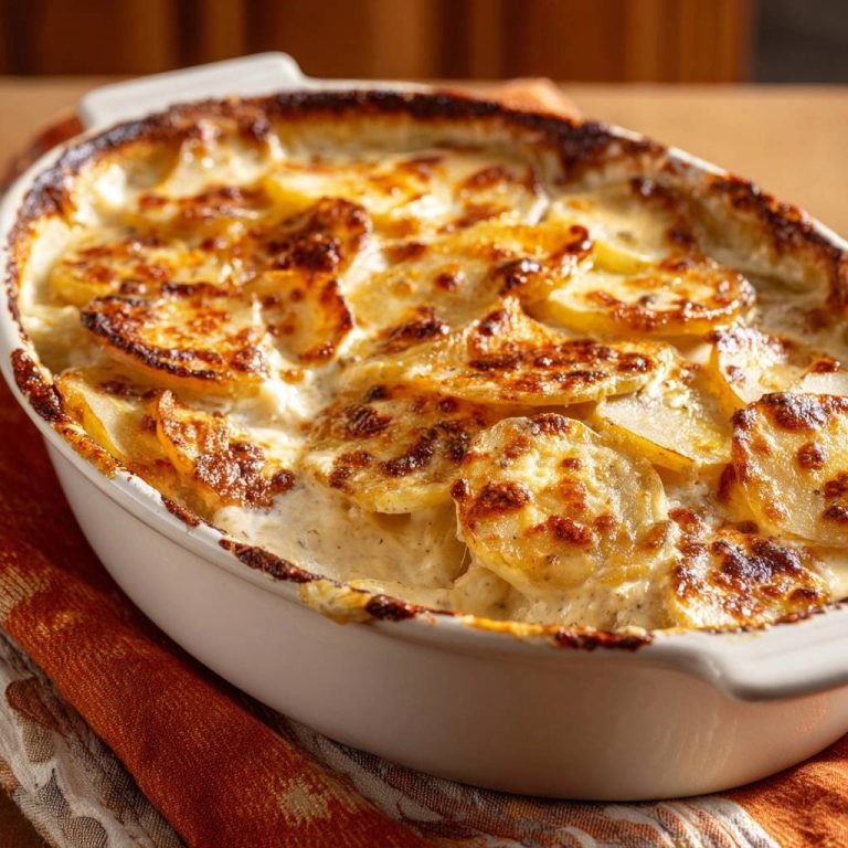 Cremiges Kartoffelgratin mit knuspriger Kruste, Nahaufnahme der goldbraunen Kartoffelscheiben und der reichhaltigen Sauce.