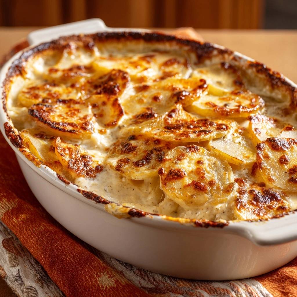 Cremiges Kartoffelgratin mit knuspriger Kruste, Nahaufnahme der goldbraunen Kartoffelscheiben und der reichhaltigen Sauce.
