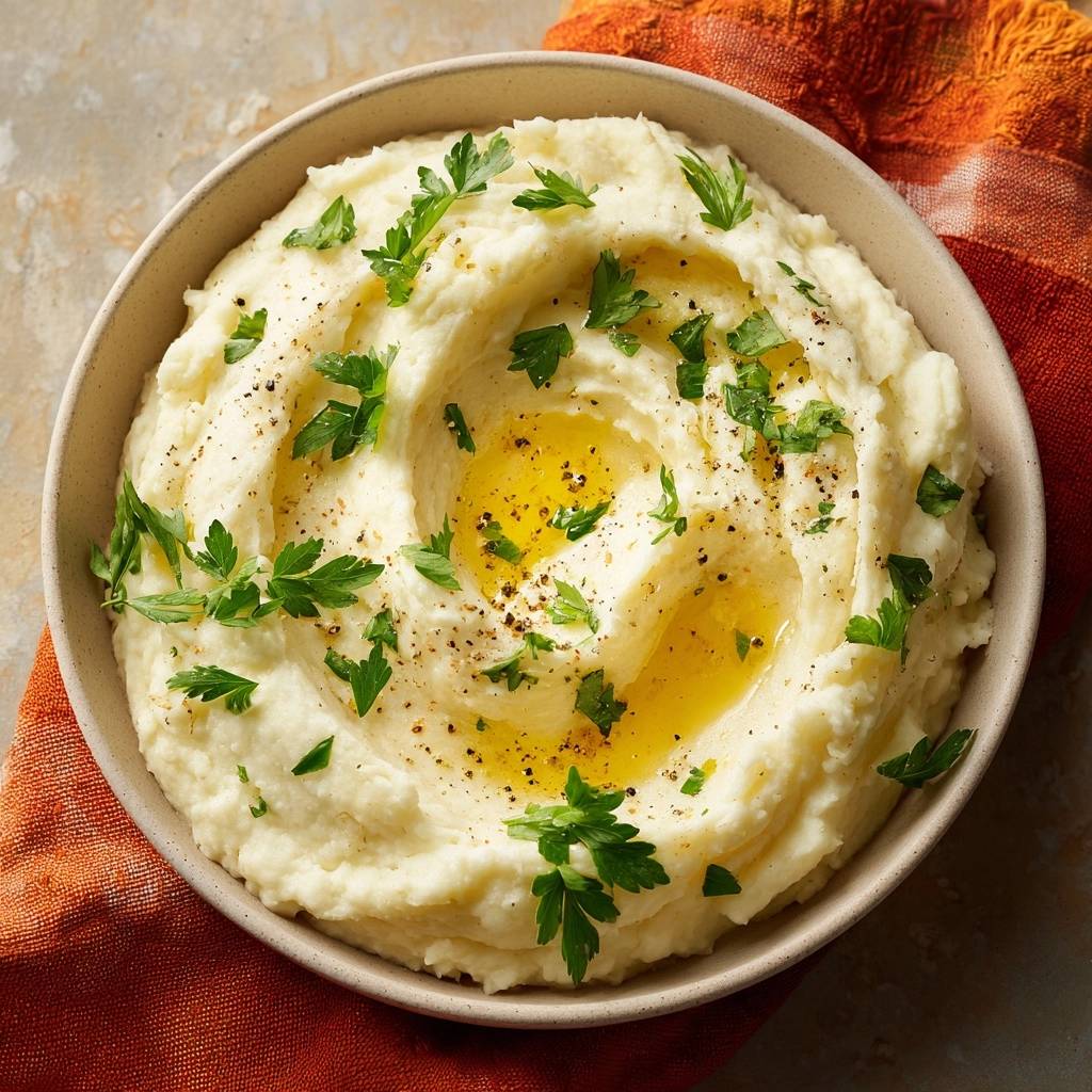 Cremiges Kartoffelpüree mit einem Schuss Butter und frischer Petersilie garniert, aus der Nahaufnahme.