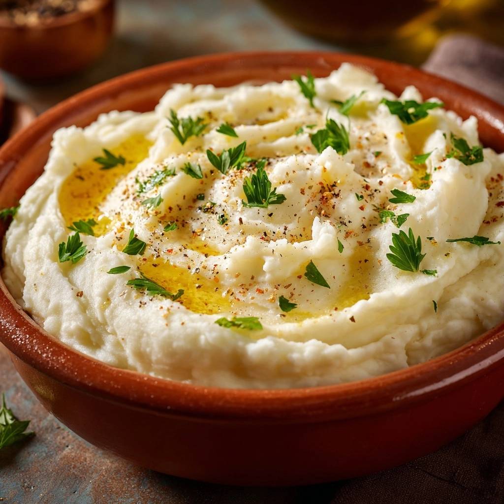 Cremiges Kartoffelpüree mit Olivenöl und frischer Petersilie, nahaufnahme der garnierten Oberfläche.