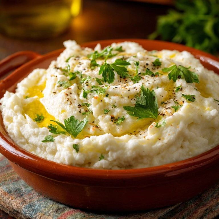 Cremiges Kartoffelpüree mit Olivenöl, garniert mit frischer Petersilie und schwarzem Pfeffer.