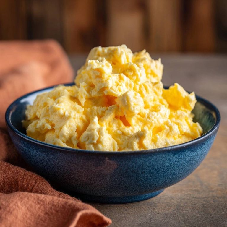 Cremiges Rührei in einer blauen Schüssel, nahaufnahme der fluffigen Textur