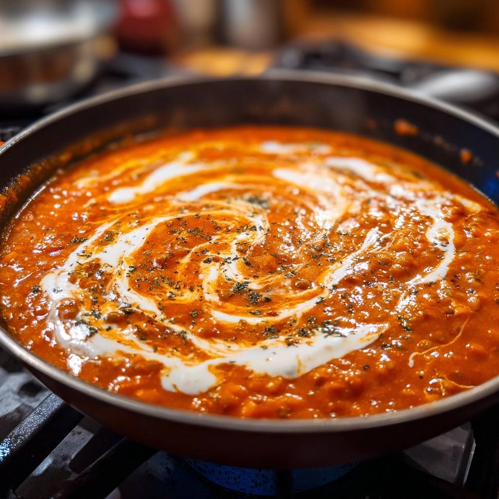Cremiges Tomaten-Basilikum mit einem Nahaufnahme-Wirbel aus Sahne und Kräutern in einer Pfanne.