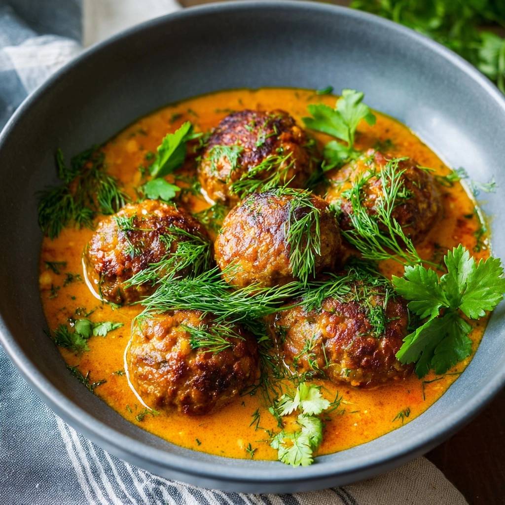 Dill-Frikadellen in cremiger Currysauce als Nahaufnahme mit frischen Kräutern garniert in einer grauen Schüssel serviert.