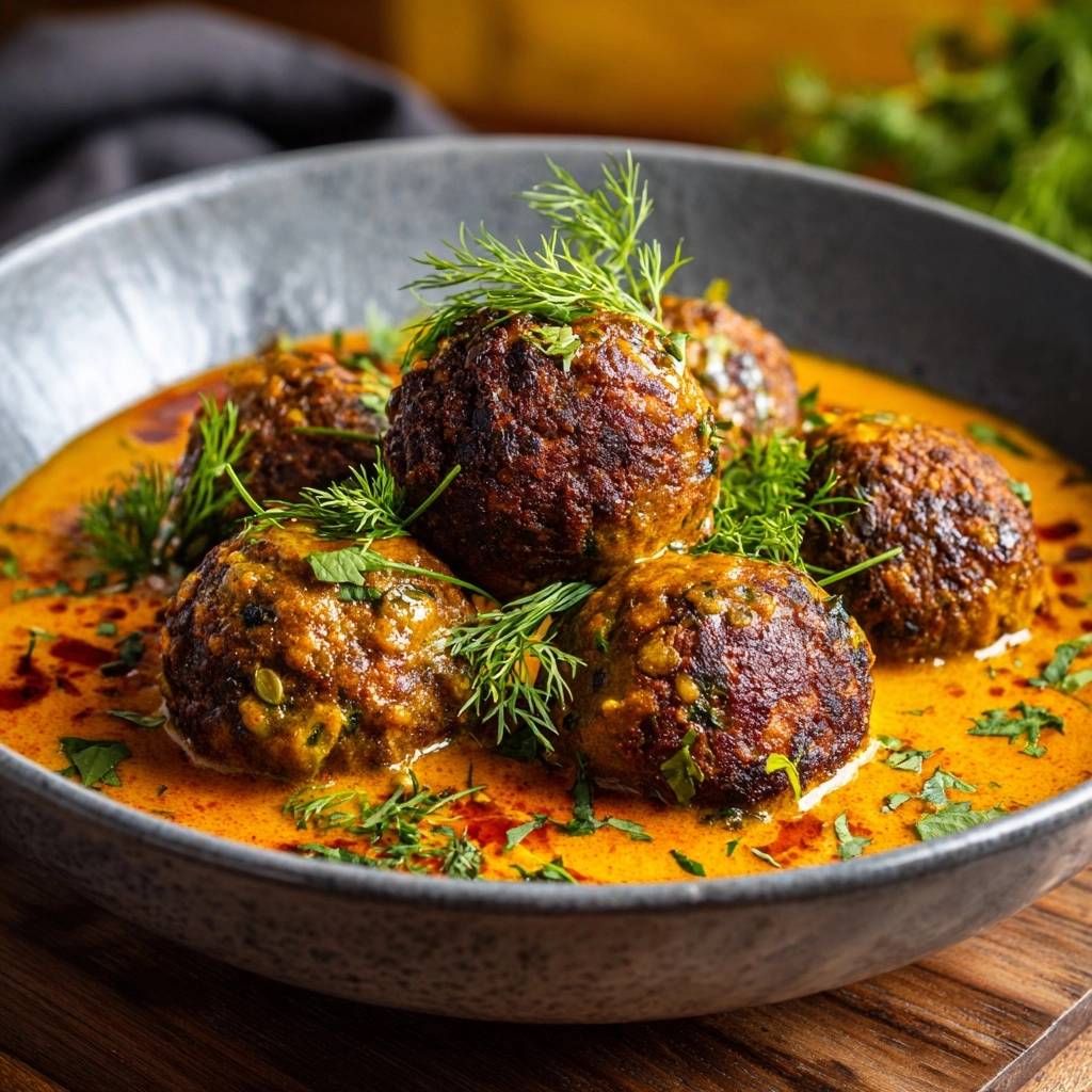 Dill-Frikadellen in cremiger Currysauce, mit frischem Dill und Kräutern garniert, nahaufnahme