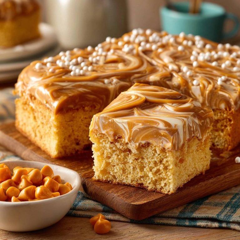 Saftiger Dulce-de-Leche-Blechkuchen mit Karamellnüssen, angeschnitten mit einem Stück auf einem Holzbrett.