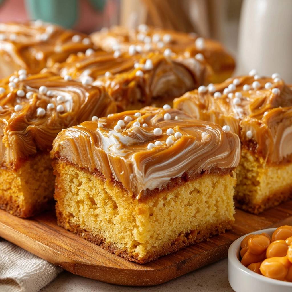 Saftiger Dulce-de-Leche-Blechkuchen mit Karamellnüssen, serviert auf einem Holzbrett und mit weißen Perlen garniert
