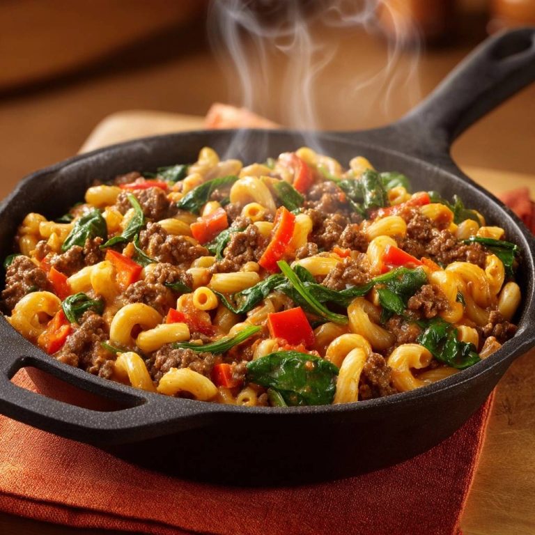 Ein-Pfannen-Hack-Macaroni mit Paprika & Spinat, dampfend in einer gusseisernen Pfanne serviert.