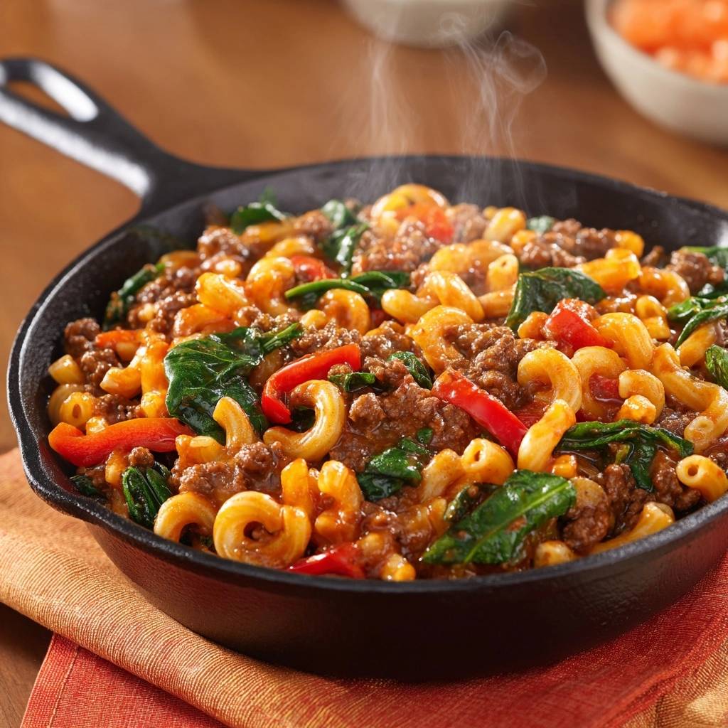 Ein-Pfannen-Hack-Macaroni mit Paprika & Spinat, heiss aus der Pfanne serviert mit sichtbarem Dampf.