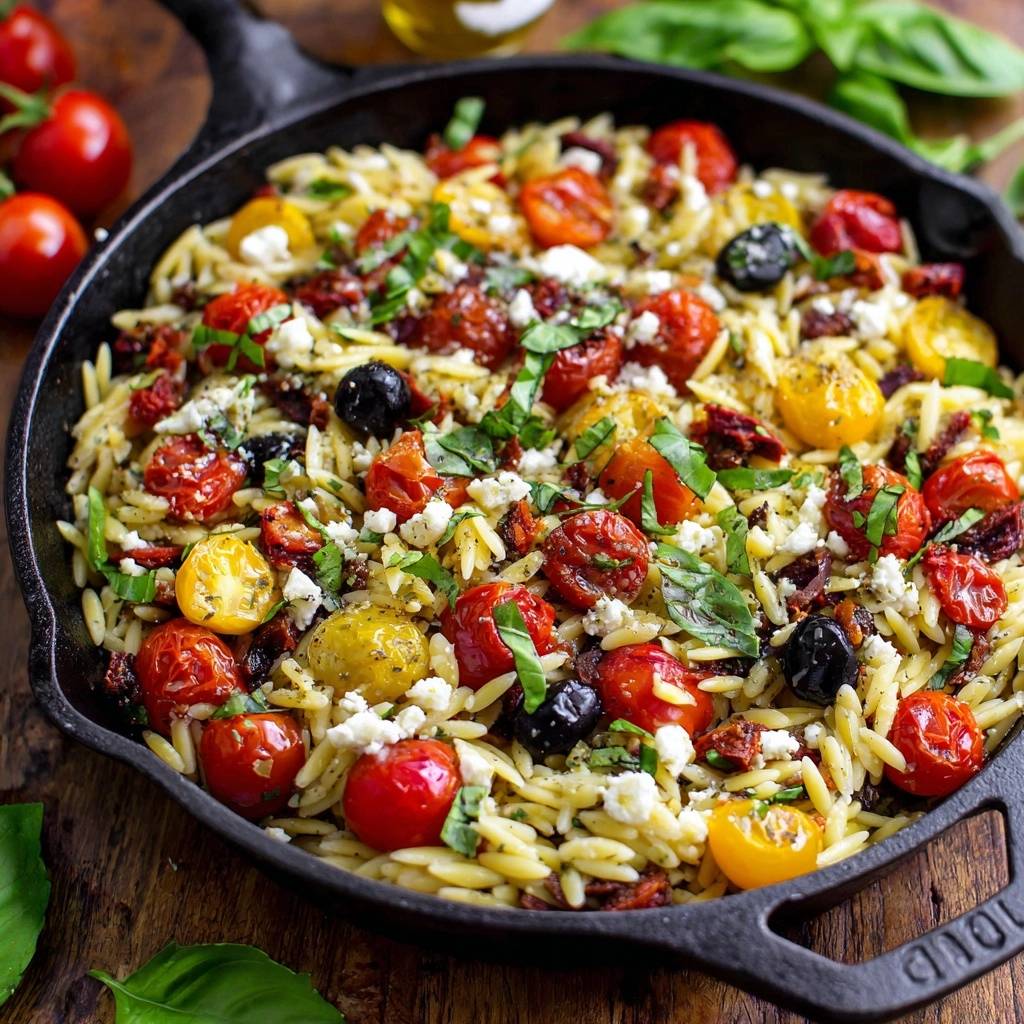 Einpanne-Orzo mit gerösteten Tomaten, Feta & Oliven, nahaufnahme in einer gusseisernen Pfanne mit frischen Kräutern garniert