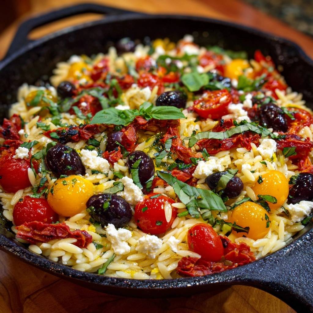 Einpanne-Orzo mit gerösteten Tomaten, Feta und Oliven, detailreiche Nahaufnahme der einzelnen Zutaten im Gusseisenpfanne.