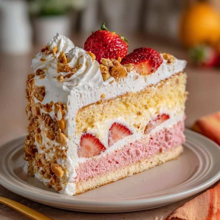 Erdbeer-Sahne-Nusstorte als angeschnittene Scheibe auf einem Teller, mit frischen Erdbeeren und Nüssen garniert.