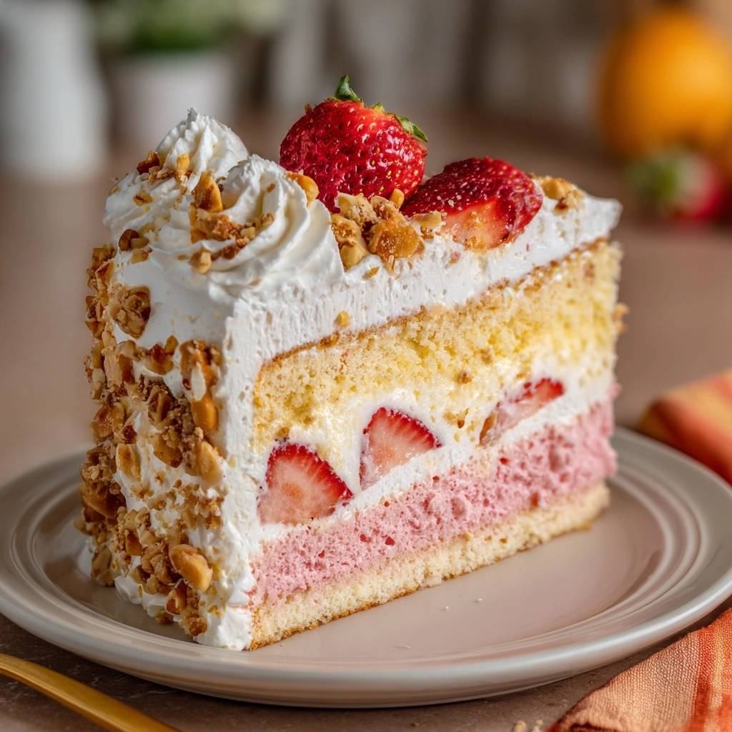 Erdbeer-Sahne-Nusstorte als angeschnittene Scheibe auf einem Teller, mit frischen Erdbeeren und Nüssen garniert.