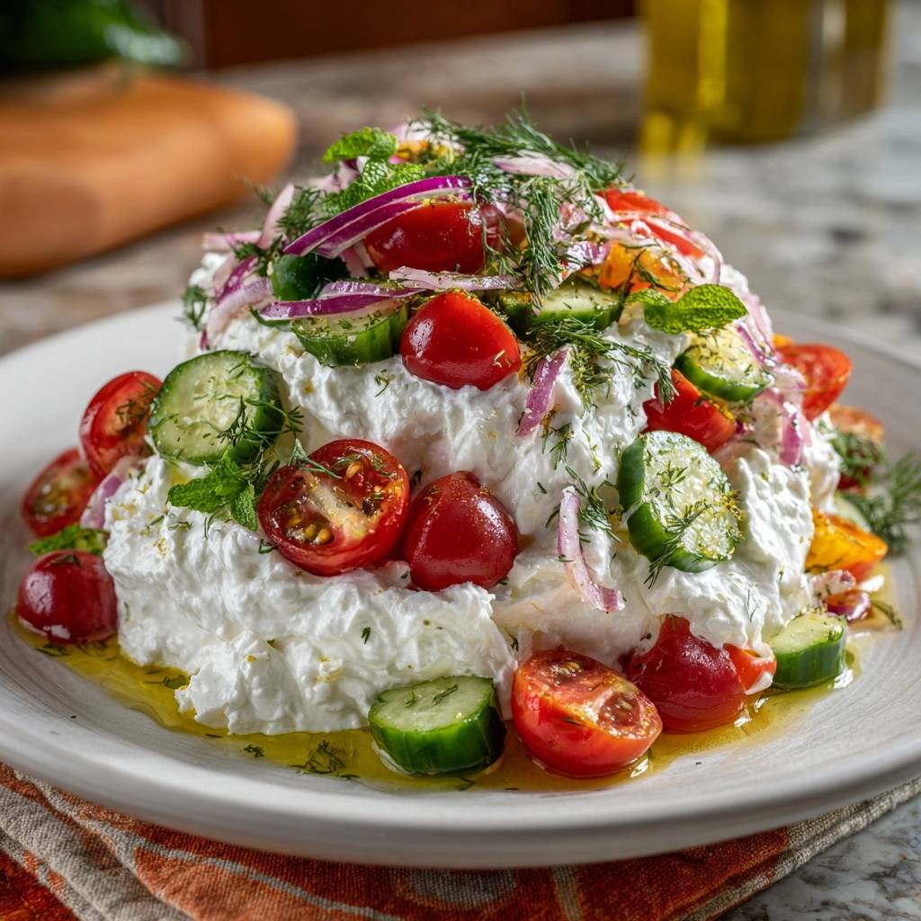Frischer Feta-Dill-Salat mit Tomaten und Gurken, serviert auf einem Teller mit Dill und Minze garniert.