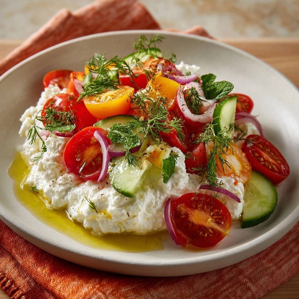Frischer Feta-Dill-Salat mit Tomaten und Gurken, nahaufnahme des cremigen Fetas mit frischen Zutaten und Olivenöl.