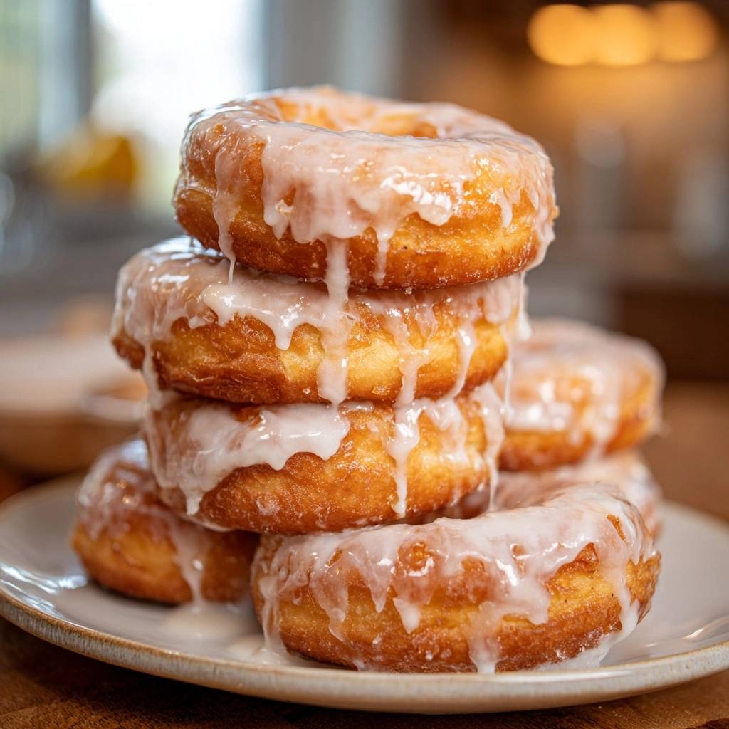 Fluffige glazed donuts sind auf einem Teller gestapelt, mit reicher, tropfender Glasur, die ihre goldbraune Textur betont.