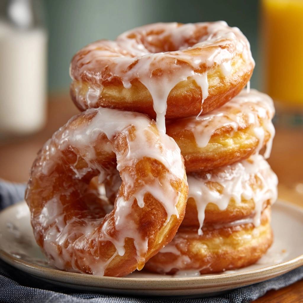 Fluffige Glazed Donuts sind auf einem Teller gestapelt, mit einer Nahaufnahme der glänzenden, tropfenden Glasur.