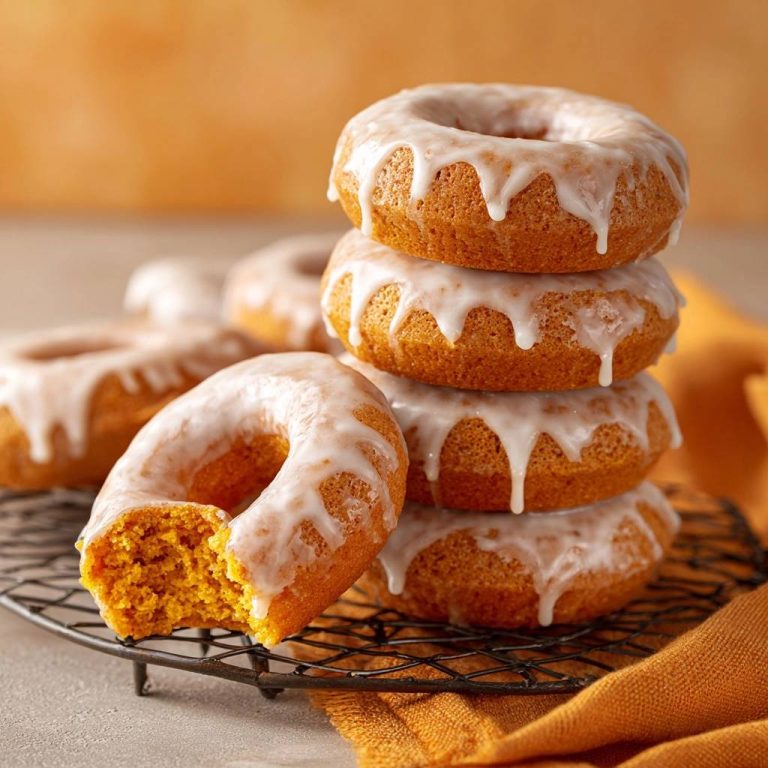 Fluffige Kürbis-Donuts mit Zuckerguss, ein angeschnittener Donut zeigt die saftige innere Textur und den goldenen Farbton.