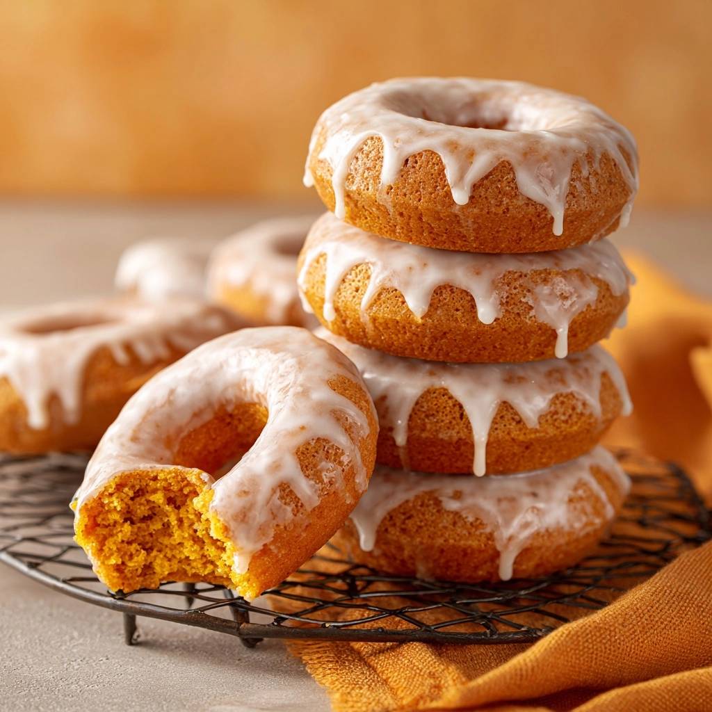 Fluffige Kürbis-Donuts mit Zuckerguss, ein angeschnittener Donut zeigt die saftige innere Textur und den goldenen Farbton.