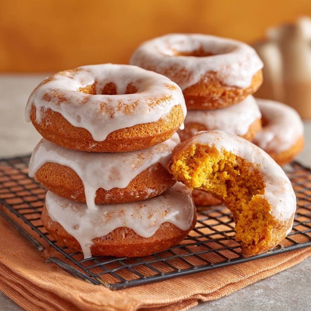 Fluffige Kürbis-Donuts mit Zuckerguss, ein Donut angeschnitten, um die feuchte Textur zu zeigen