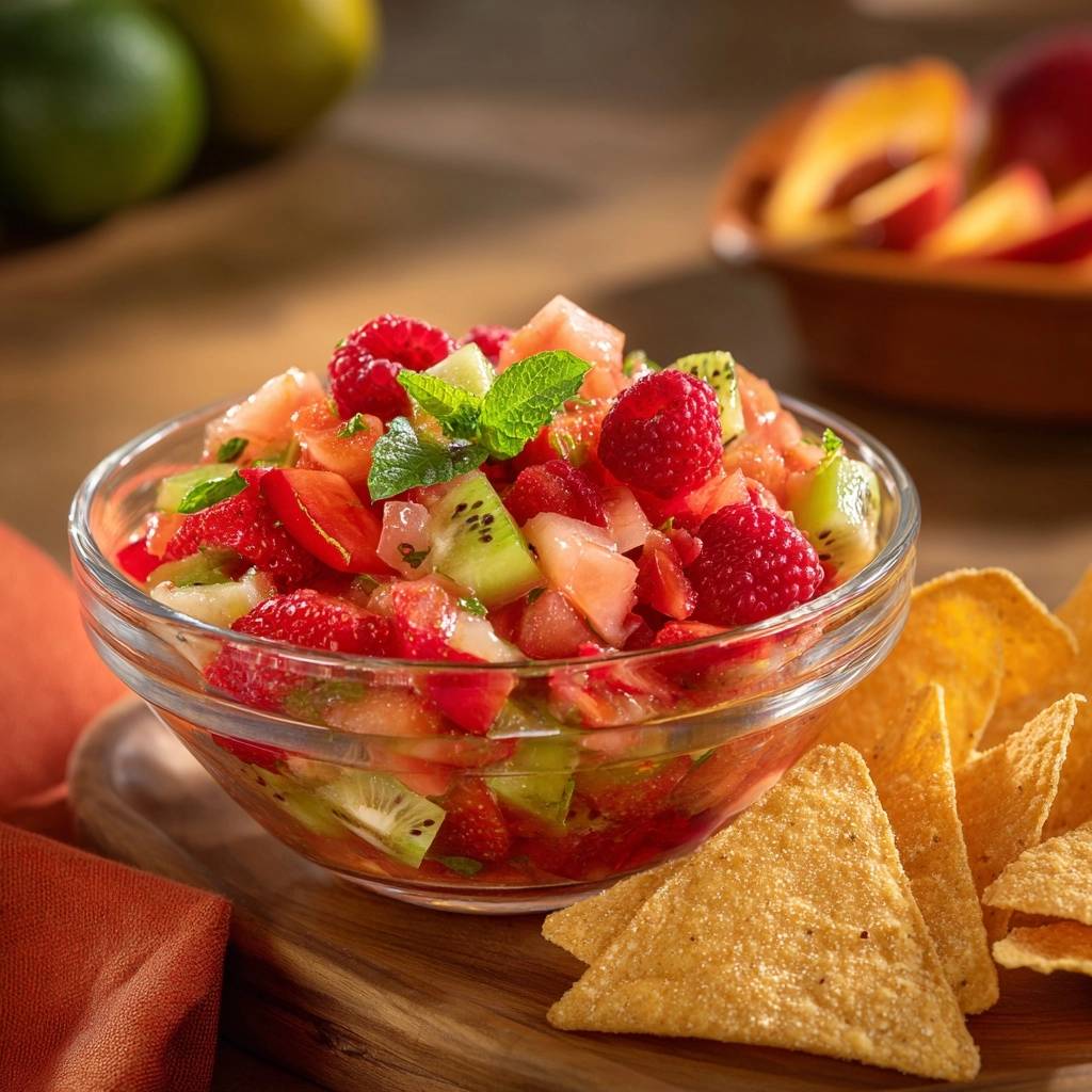 Frische Frucht-Salsa mit Zimt-Chips, serviert in einer Glasschüssel mit Tortilla-Chips und garniert mit Minze.