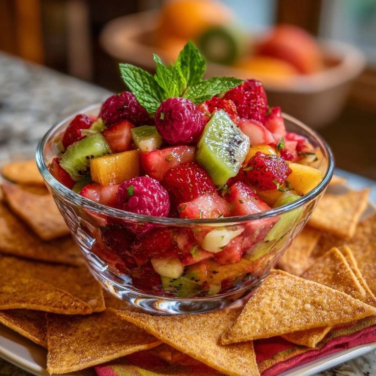 Frische Frucht-Salsa mit Zimt-Chips, serviert in einer Glasschüssel mit frischen Beeren, Kiwi und Mango, umgeben von knusprigen Zimt-Chips.