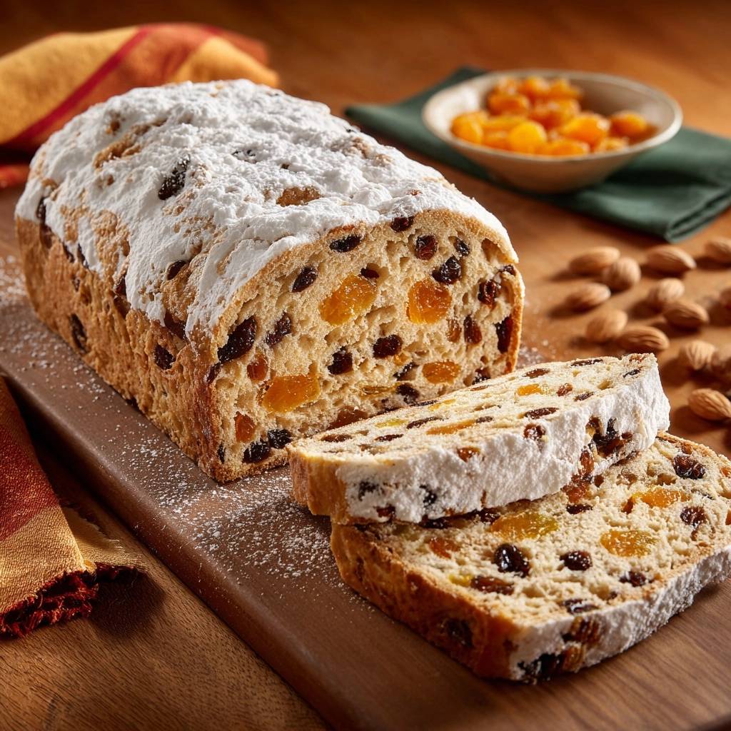 Fruchtiger Aprikosen-Mandel-Stollen angeschnitten auf einem Holzbrett mit Puderzucker und Trockenfrüchten