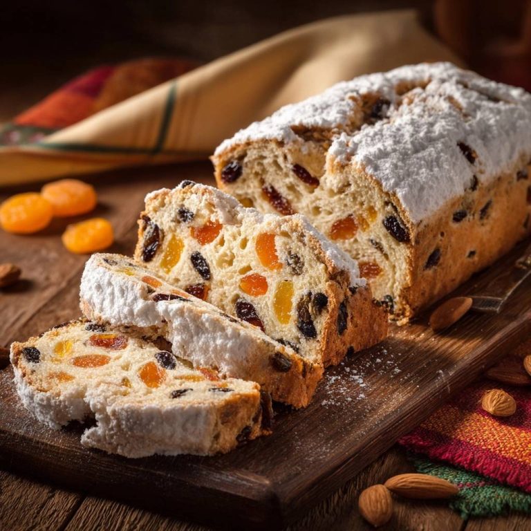 Fruchtiger Aprikosen-Mandel-Stollen angeschnitten mit Puderzucker bestäubt und sichtbarem saftigen Inneren