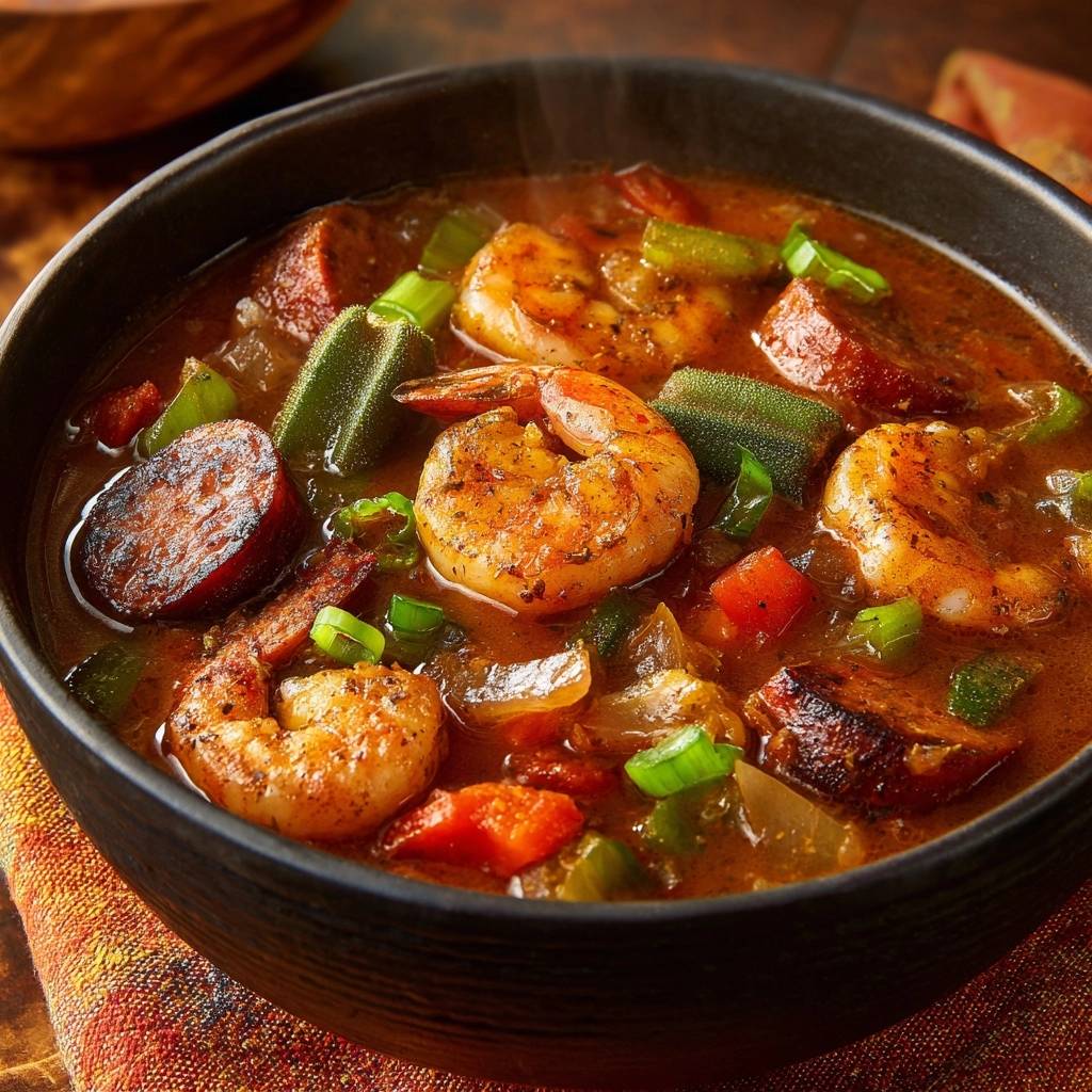 Garnelen-Gumbo mit Okra und Wurst als Nahaufnahme, mit sichtbaren Garnelen, Wurstscheiben und Okraschoten in der würzigen Sauce.