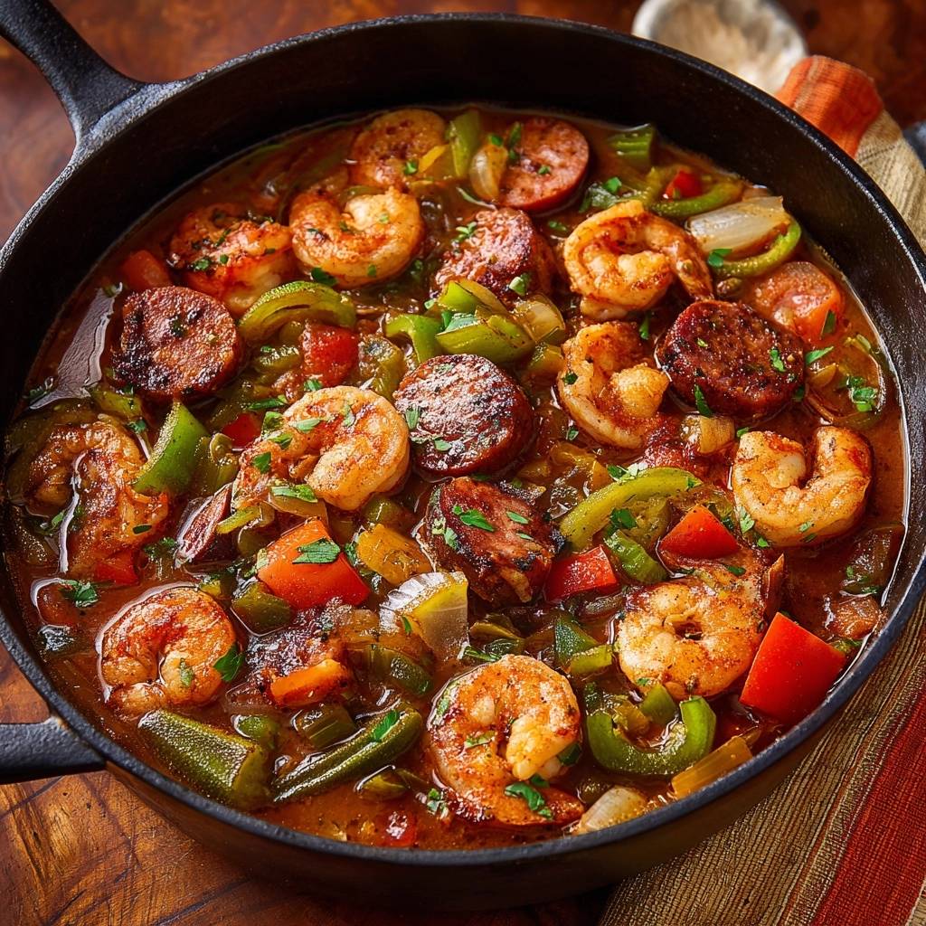 Garnelen-Gumbo mit Okra und Wurst, eine Nahaufnahme des Gerichts in einer gusseisernen Pfanne, mit Garnelen, Wurst und Gemüse.