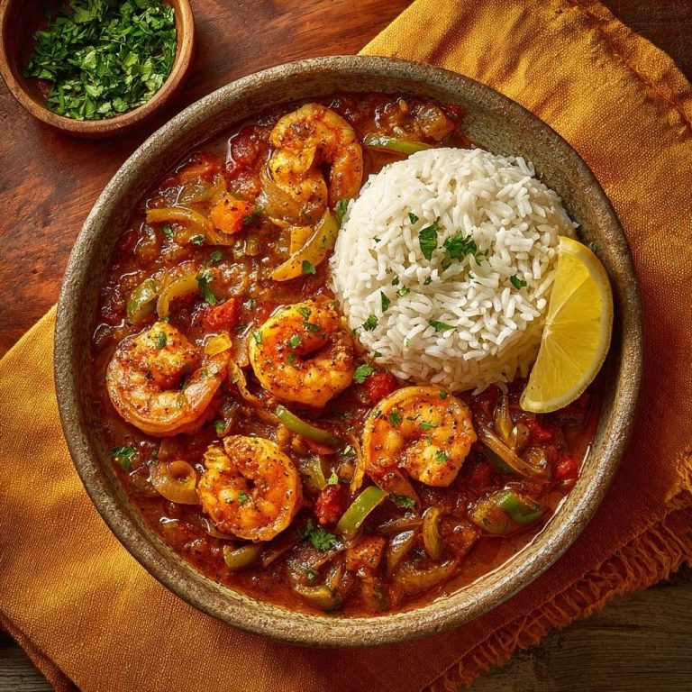 Garnelen in Tomaten-Paprika-Sauce mit Reis in einer Schüssel, von oben fotografiert, mit einer Zitronenspalte garniert.