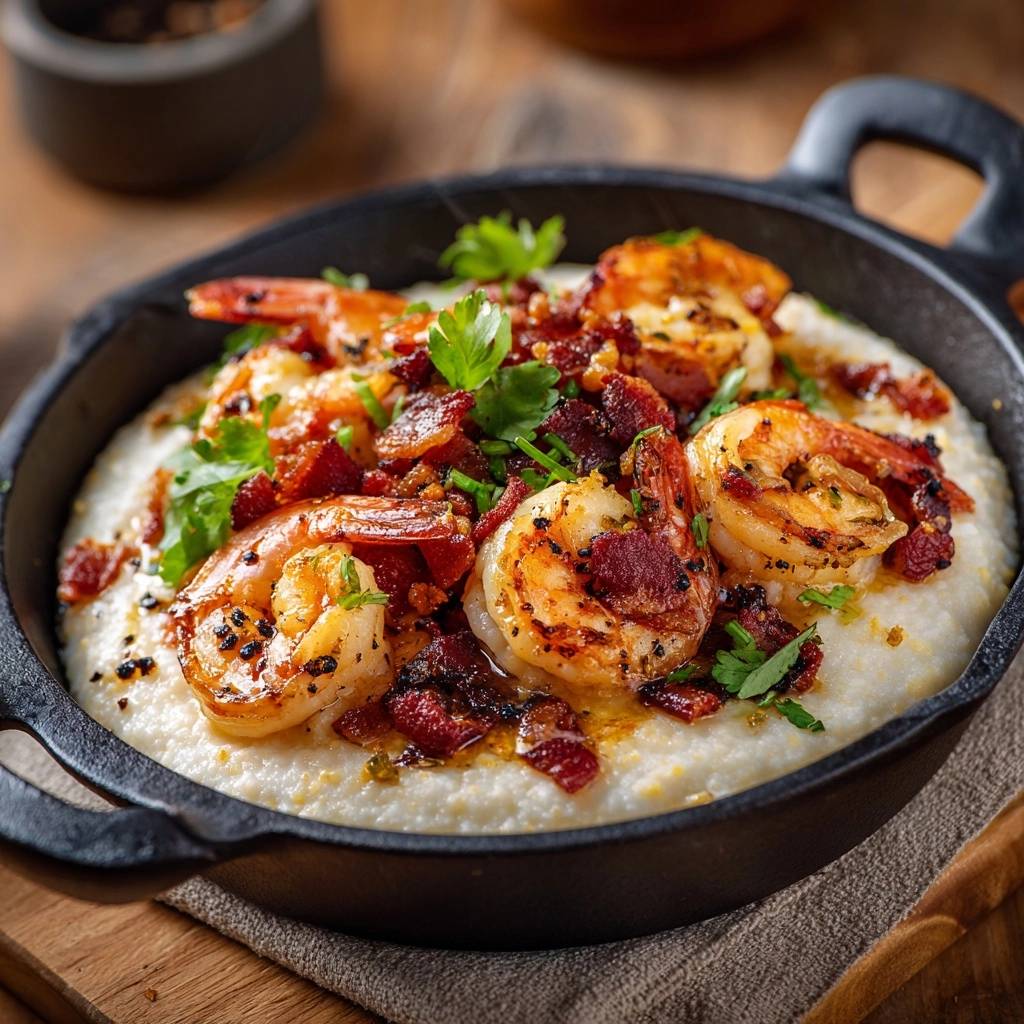 Garnelen mit Speck auf cremigen Maisgrits, nahaufnahme in einer schwarzen Pfanne mit frischer Petersilie garniert