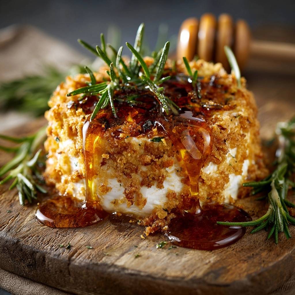 Gebackener Camembert mit Honig-Rosmarin-Kruste mit Honig, der über die Käsekruste tropft.