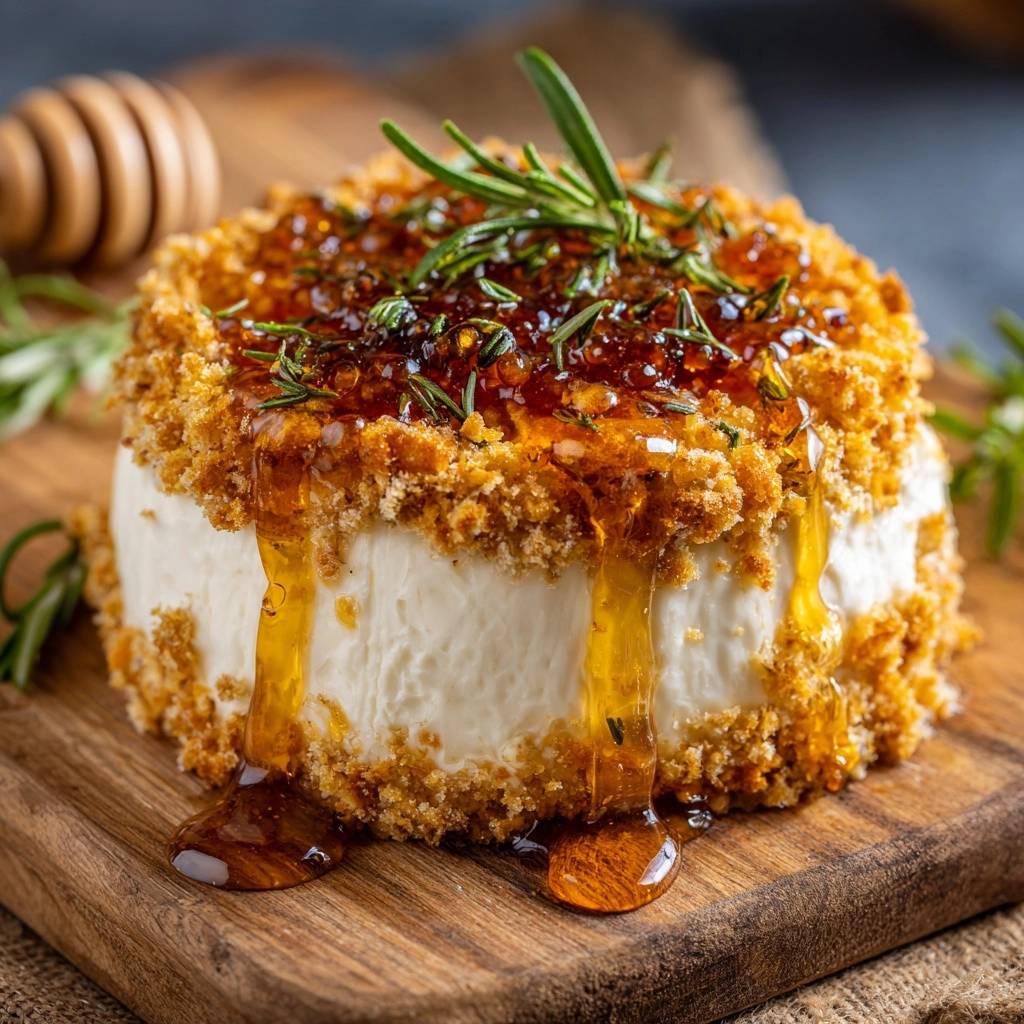 Gebackener Camembert mit Honig-Rosmarin-Kruste, bei dem honigartige Tropfen über den Rand des Käses laufen.