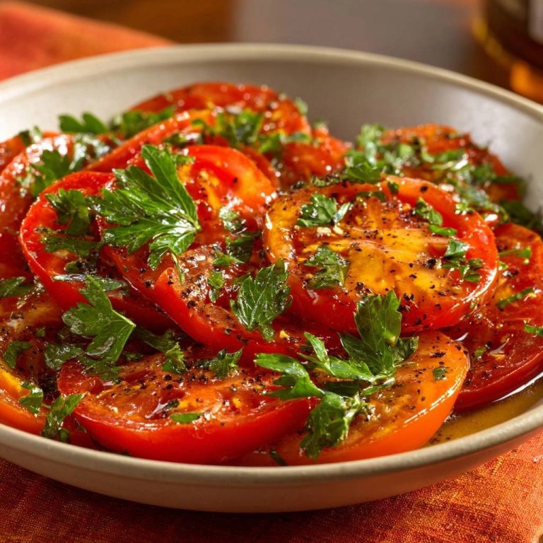 Gebratene Tomaten mit Petersilie, nah aufgenommen und mit frischer Petersilie und schwarzem Pfeffer garniert serviert.