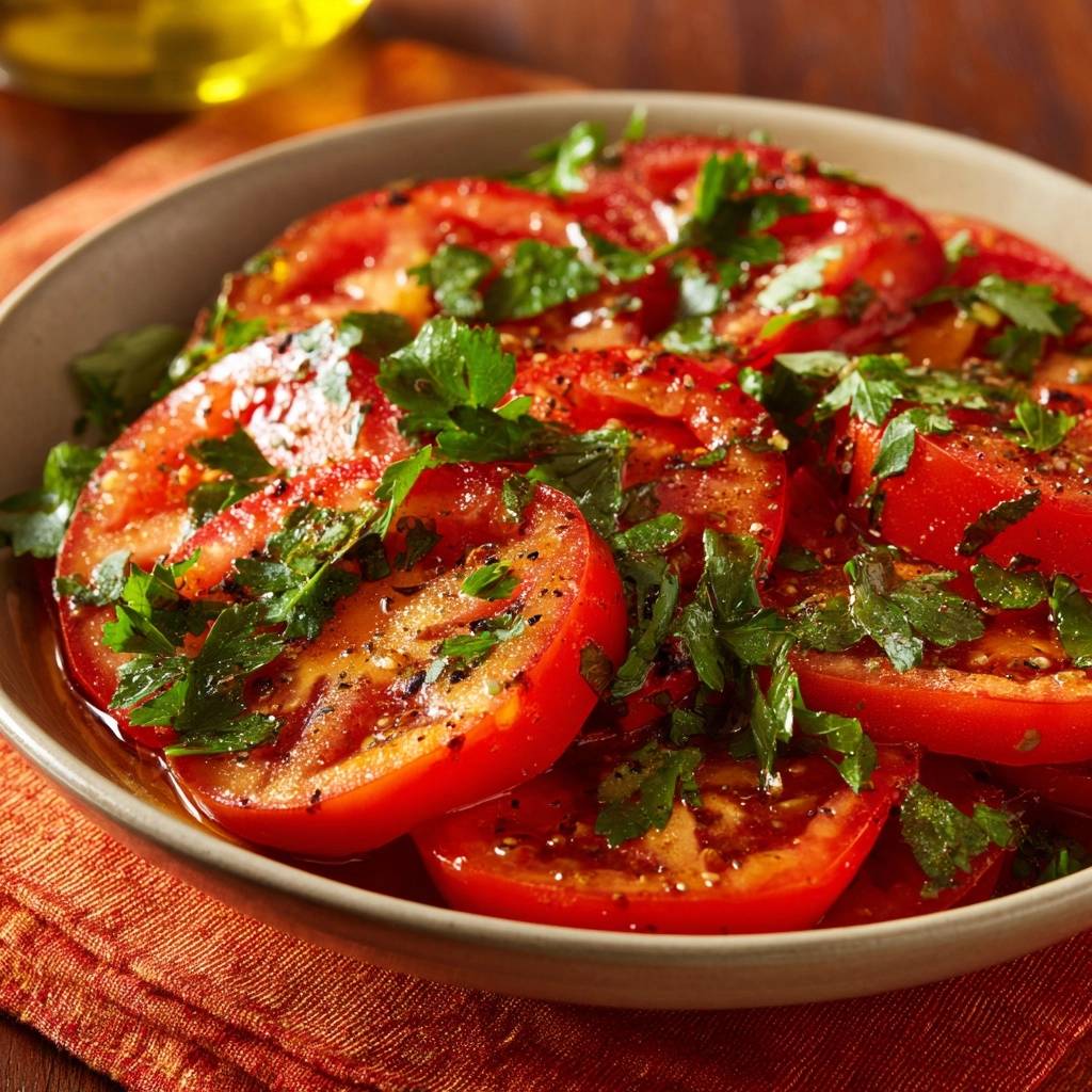 Gebratene Tomaten mit Petersilie, nahaufnahme der geschnittenen Tomaten mit frischer Petersilie und Gewürzen bestreut.